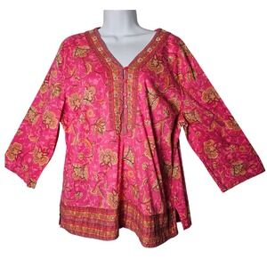 Pink Floral Paisley Cotton Sequin Tunic Top XL 3/4 Sleeve Cottagecore Boho